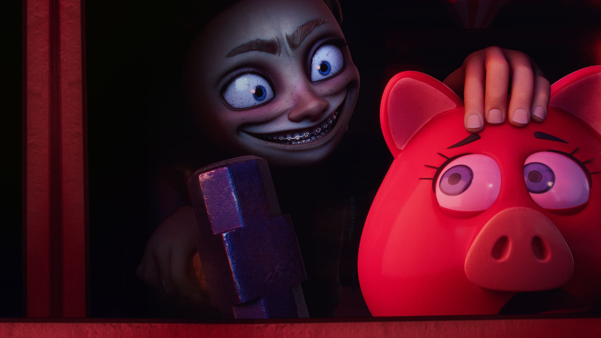 Ein gruselig grinsendes Mädchen mit Zahnspange hält bedrohlich einen Hammer in der einen Hand und legt die andere auf den Kopf eines erschrocken blickenden roten Sparschweins.