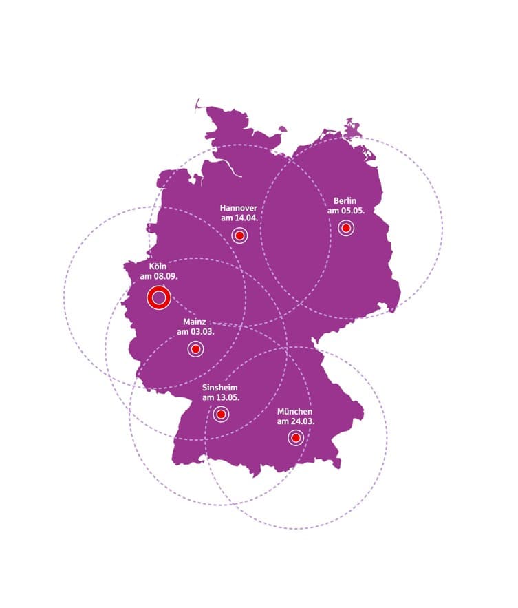 Karte von Deutschland mit Veranstaltungsorten und Daten: Köln 08.09., Mainz 03.03., Hannover 14.04., Berlin 05.05., Sinsheim 13.05., München 24.03.