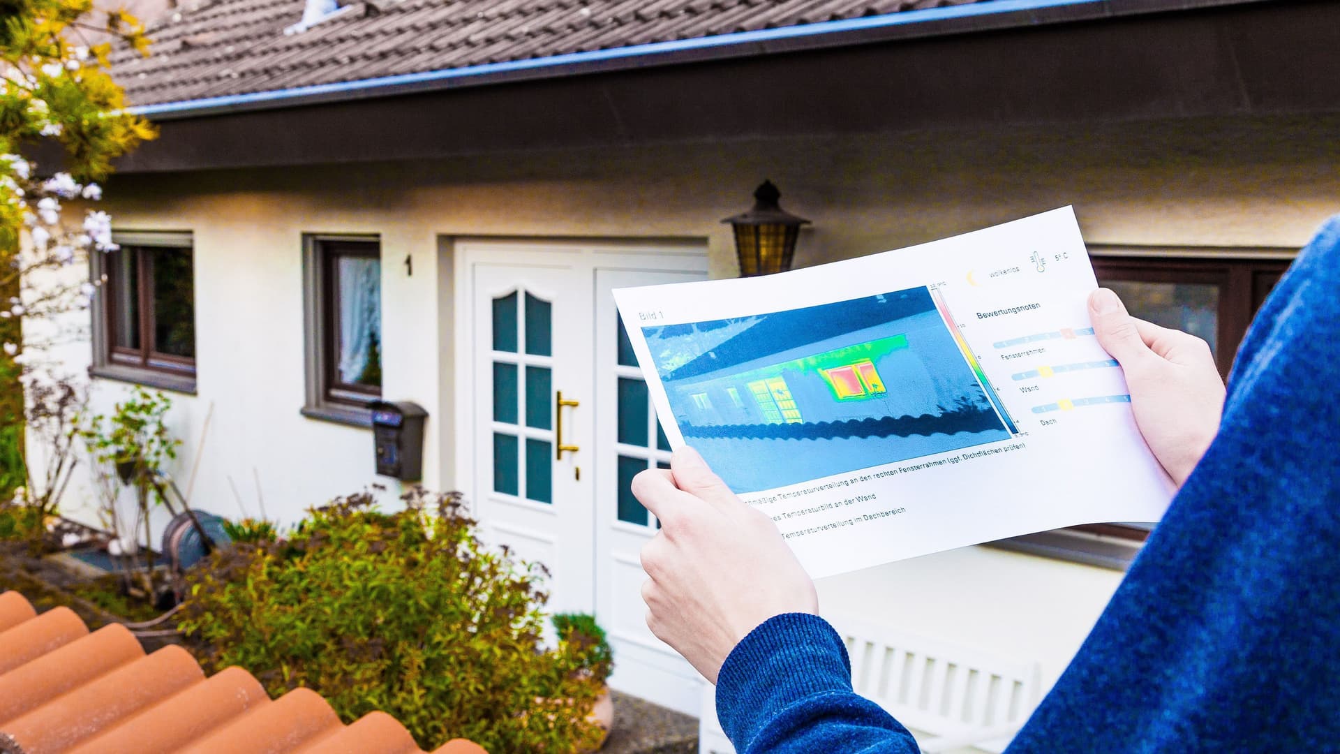 Eine Person hält die Thermografie eines Gebäudes in den Händen. Dahinter ist ein Haus zu sehen.