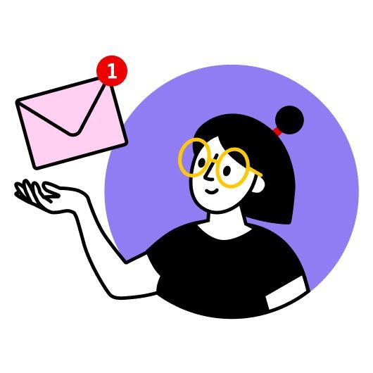 Illustration einer Person mit gelber Brille und schwarzem Haar, die eine schwebende E-Mail mit einer roten Benachrichtigung '1' über der Hand hält. Der Hintergrund ist ein lila Kreis.