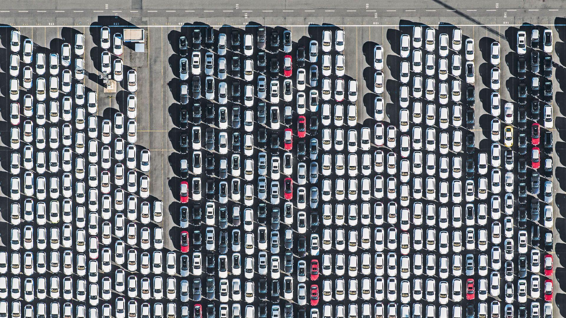 Hunderte Autos stehen an einem Hafen in Reih und Glied, um weiter transportiert zu werden.