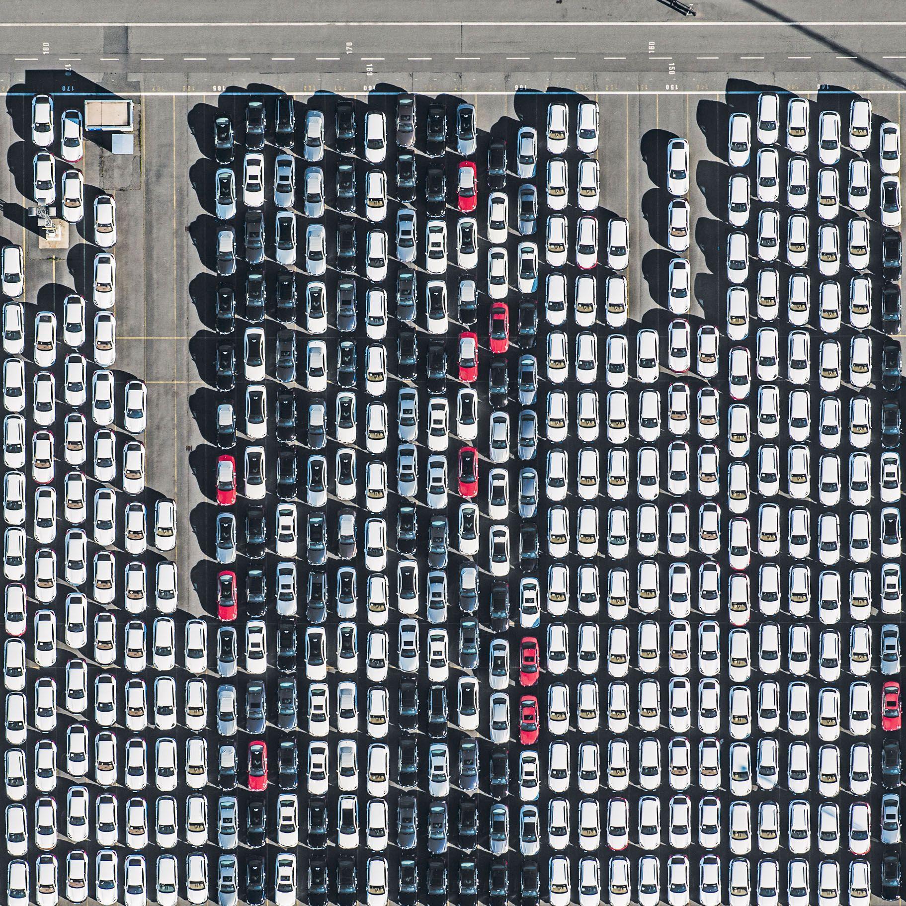 Hunderte Autos stehen an einem Hafen in Reih und Glied, um weiter transportiert zu werden.