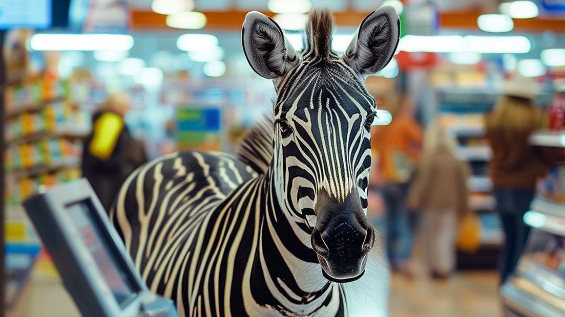 Barcode, ein Zebra steht in einem Supermarkt