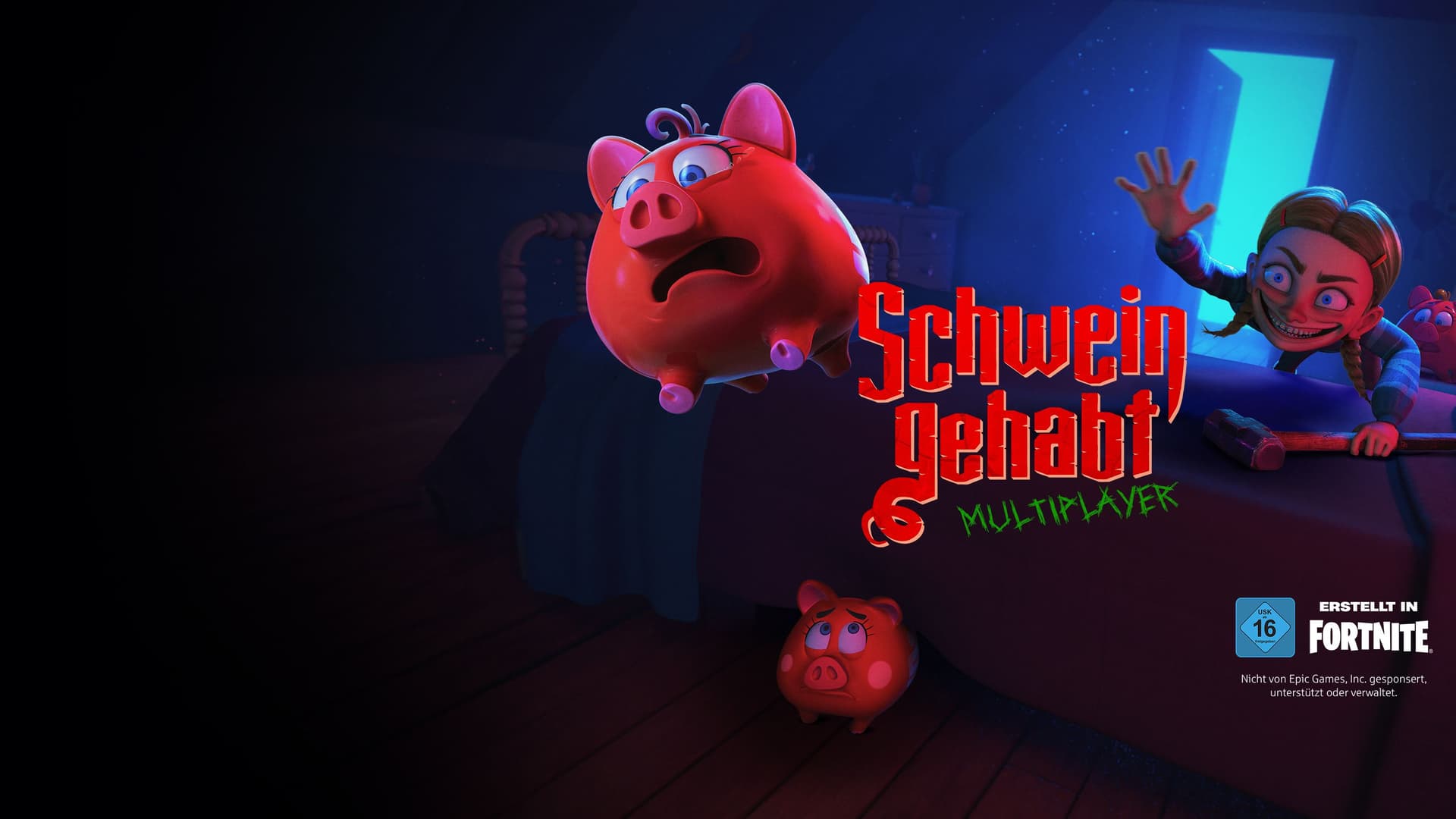 Ein rotes Sparschwein flieht vor einem grinsenden Mädchen mit Hammer. Text „Schwein gehabt – Multiplayer“, USK 16, erstellt in Fortnite, nicht von Epic Games gesponsert oder verwaltet.