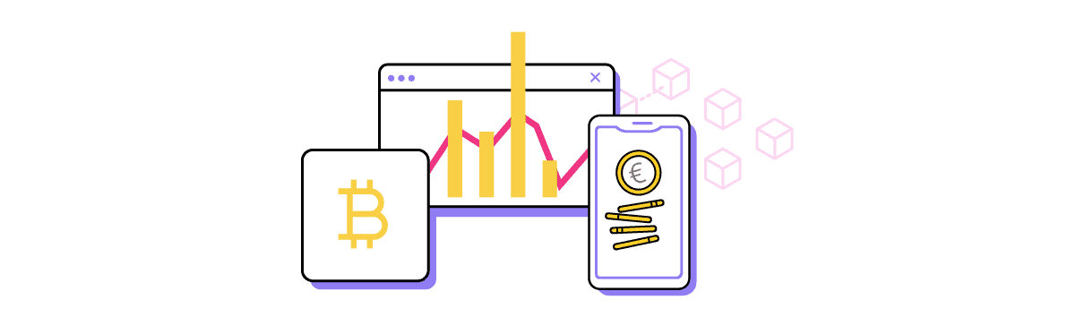 Infografik zeigt Kursschwankungen, das Bitcoin-Symbol und ein Smartphone mit Euro-Münzen.