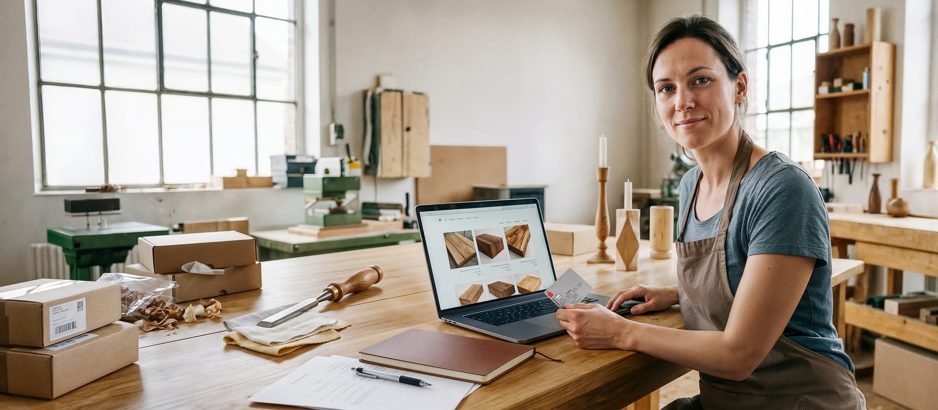 Eine Frau in Schürze sitzt in einer Holzwerkstatt an einem Tisch und hält eine Kreditkarte, während sie auf einem Laptop eine Website mit Holzprodukten betrachtet. Sie blickt direkt in die Kamera, umgeben von Versandkartons und Werkzeugen.