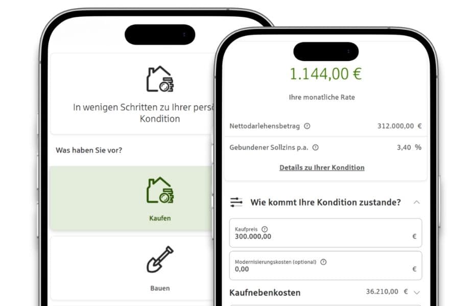 zwei Smartphones zeigen Finanzierungsrechner mit monatlicher Rate von 1144 Euro und Kaufpreis von 300000 Euro bei geplanter Immobilienfinanzierung