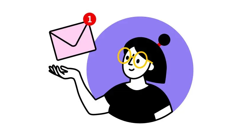 Illustration einer Person mit gelber Brille und schwarzem Haar, die eine schwebende E-Mail mit einer roten Benachrichtigung '1' über der Hand hält. Der Hintergrund ist ein lila Kreis.
