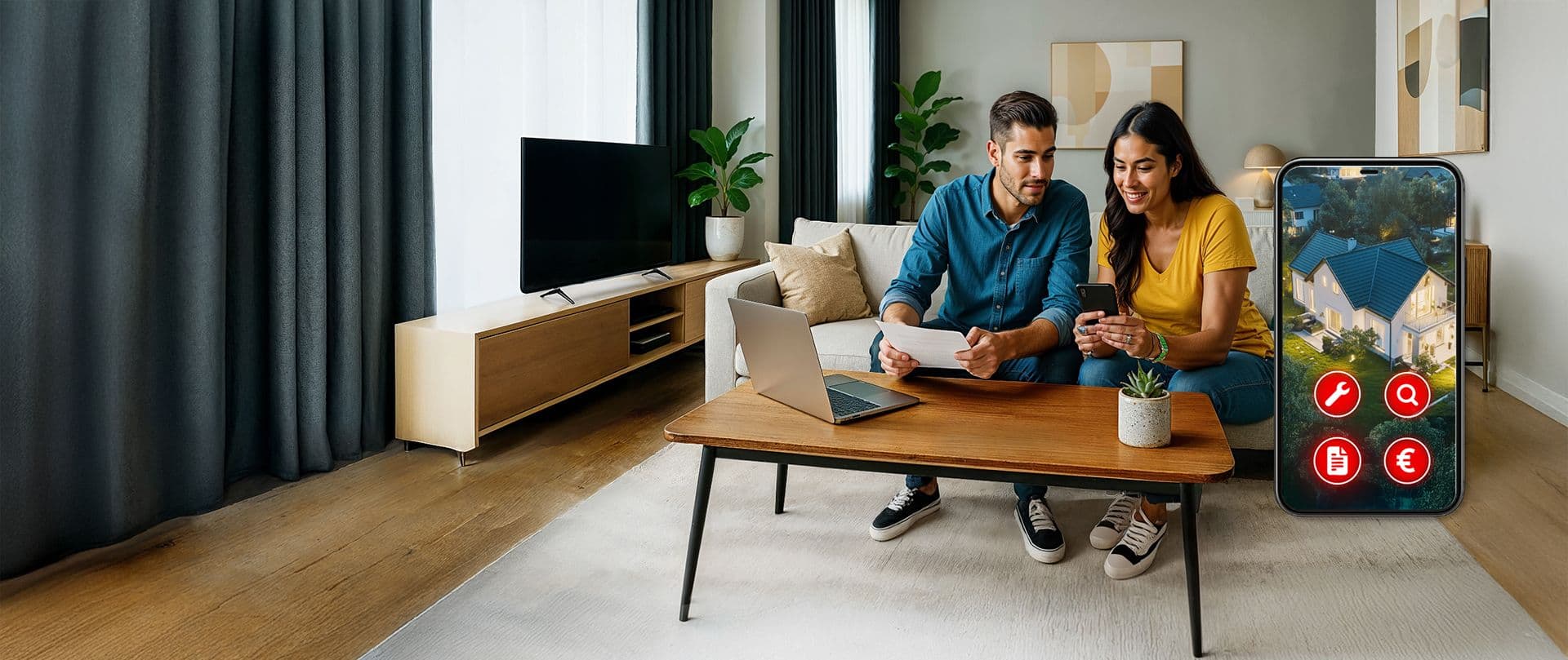 Paar sitzt im Wohnzimmer auf dem Sofa mit Laptop und Smartphone auf dem Couchtisch; rechts eingeblendetes Smartphone zeigt Hausbild mit vier roten Icon-Schaltflächen.