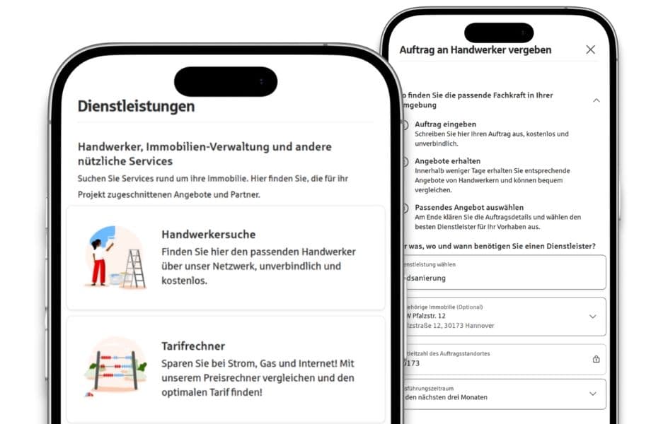 zwei Smartphones zeigen Dienstleistungsbereich mit Handwerkersuche, Tarifrechner und Formular zur Handwerkerbeauftragung