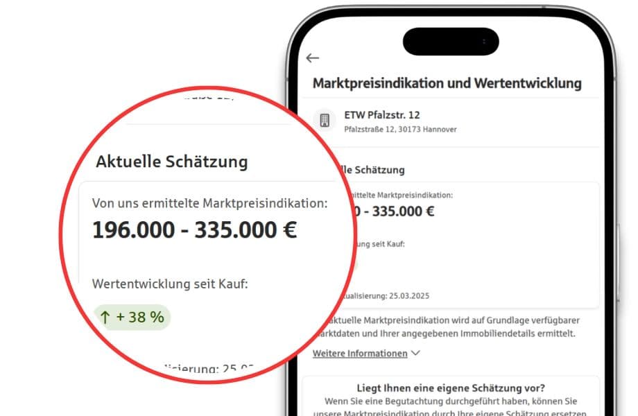 Smartphone zeigt Marktwertschätzung einer Immobilie mit Preisspanne von 196000 bis 335000 Euro und Wertentwicklung von plus 38 Prozent