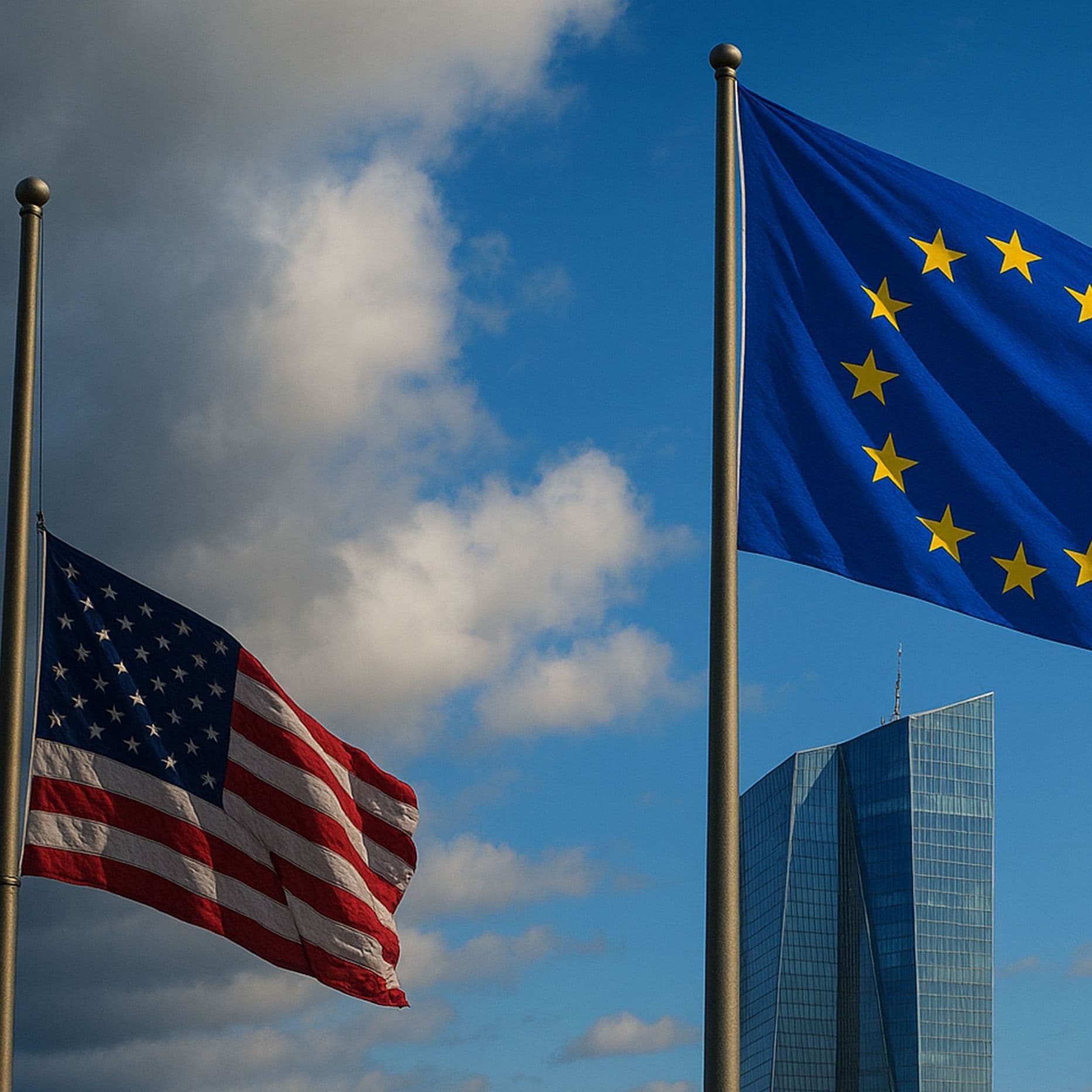 Eine amerkanisch Flagge auf Halbmast, vor einem Gewitterhimmel und eine europäische Flagge, vor einem blauen Himmel.