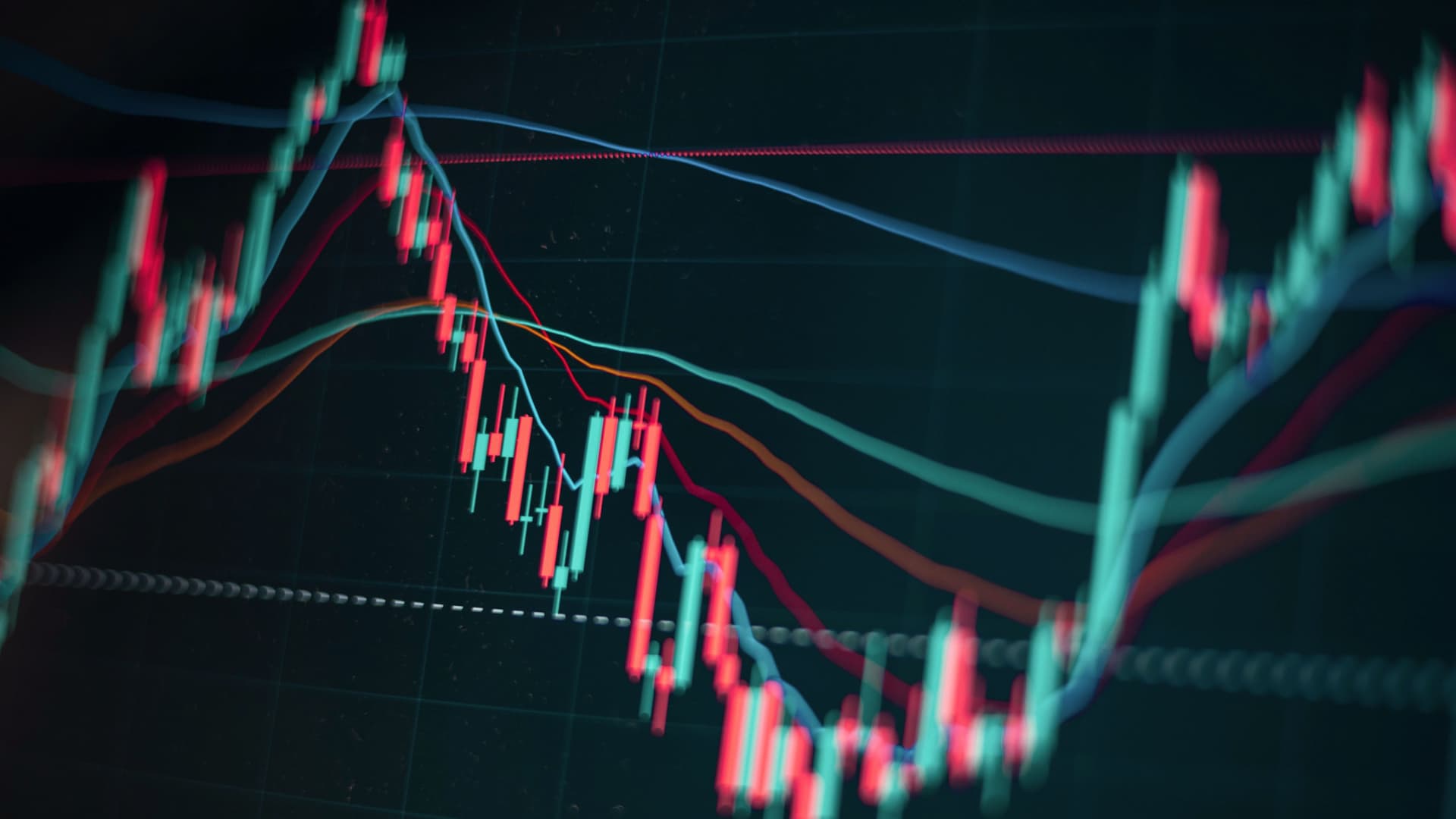 Vom Bildschirm abfotografiertes Böresendiagramm in Kurvenform mit roten und türkisen Linien