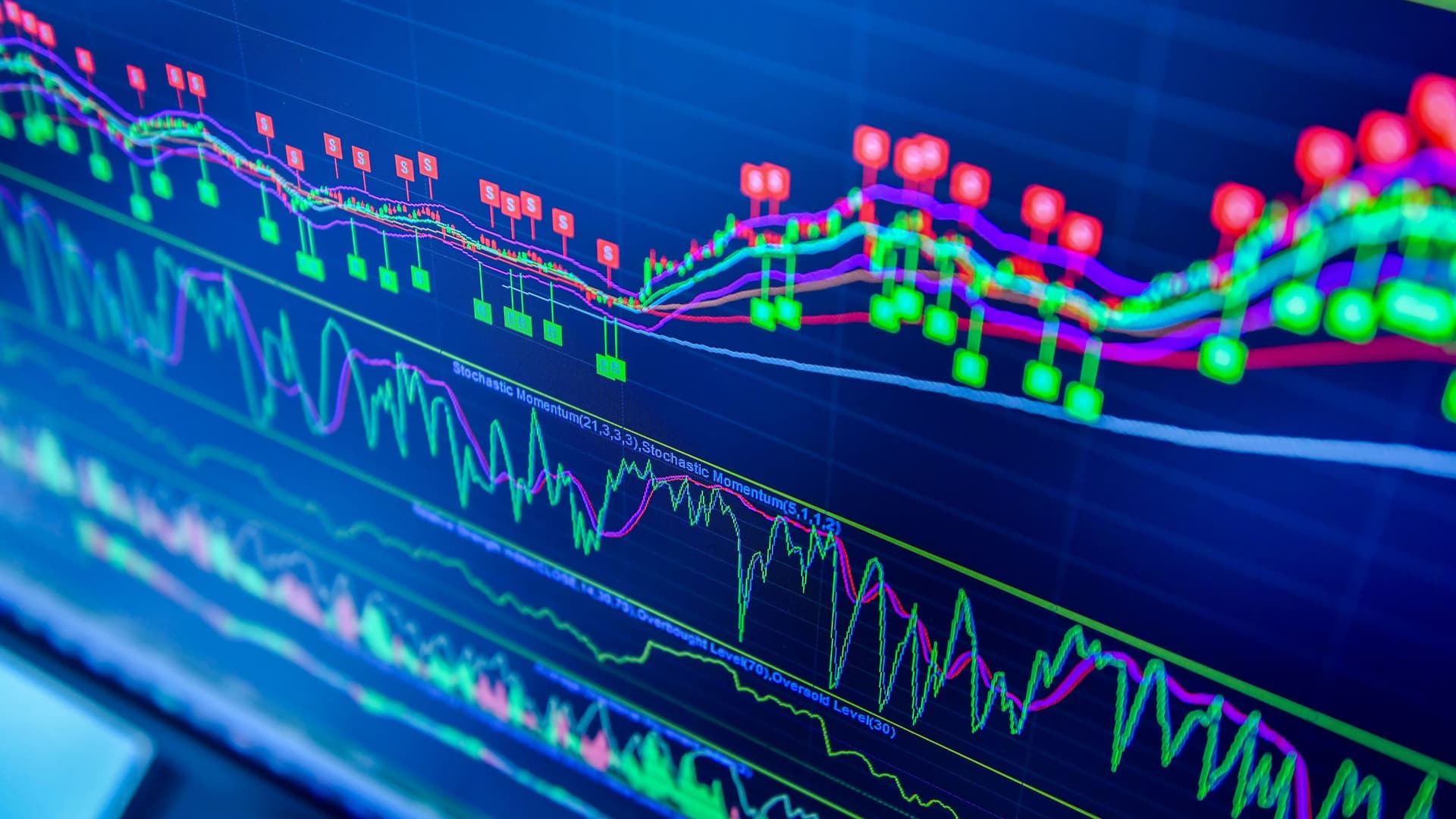 Nahaufnahme eines Bildschirms mit grünem und rotem stochastischem Oszillator auf blauem Hintergrund.