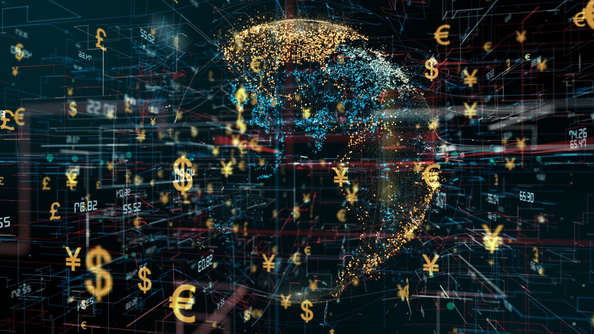 Digitaler Euro Konzeptionelle 3-D-Darstellung internationaler Währungszeichen, die um einen Erdglobus schweben.