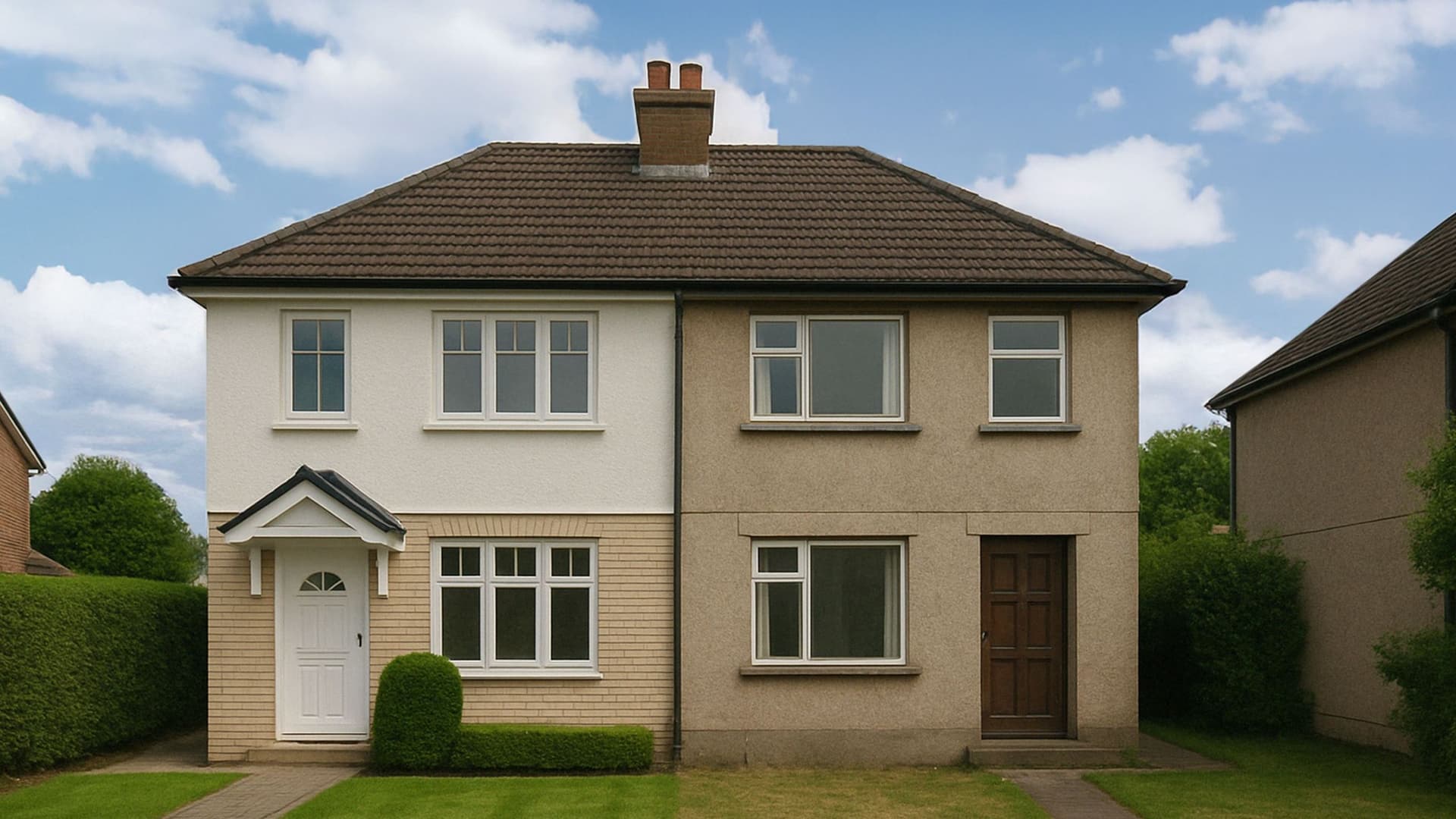 Ein Doppelhaus, auf einer Seite gehobene Ausstattung, auf der anderen Seite Standard-Ausstattung.