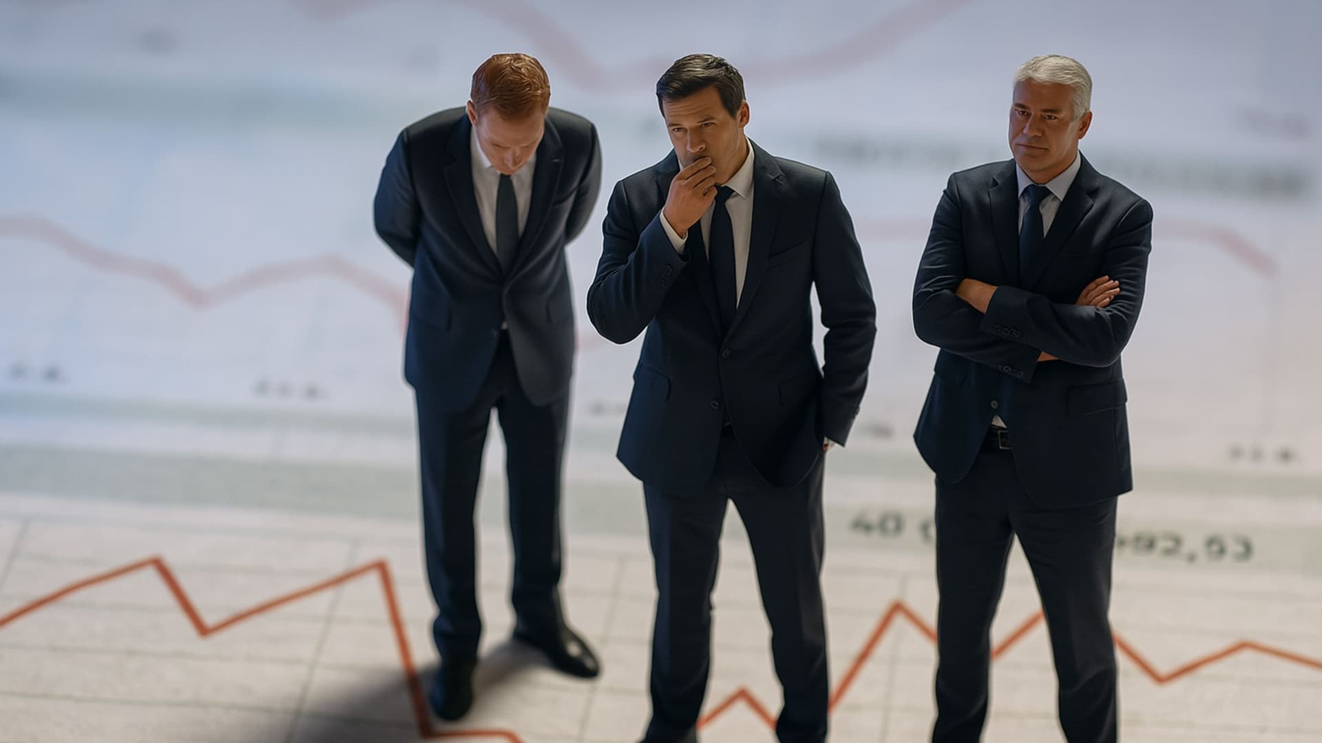 Drei Männer in Anzügen stehen nachdenklich auf einem Diagramm mit fallender Kurve.