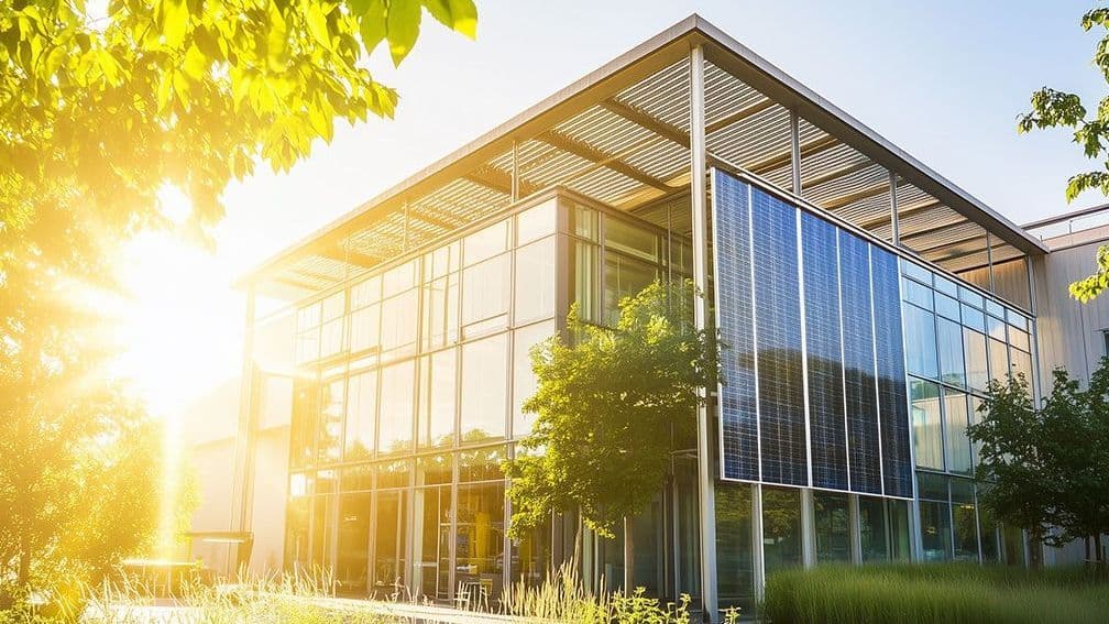 Ein verglastes Gebäude mit Solarpanelen im Sonnenschein.