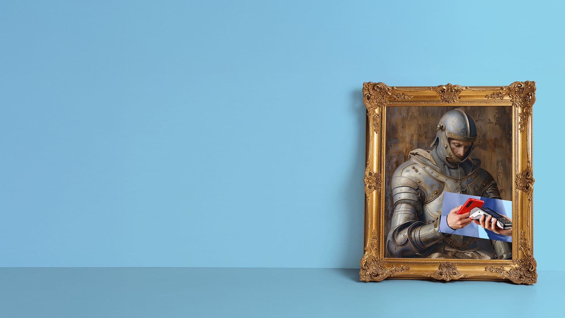 Ein klassisch gerahmtes Gemälde eines Ritters in Rüstung zeigt, wie er nachdenklich auf ein modernes Smartphone blickt, das ihm von einer realen Hand gereicht wird.