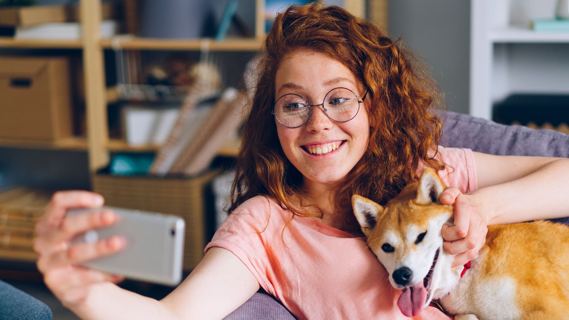 Junge Frau sitzt mit einem Shiba Inu Hund auf einem Sofa und macht mit einem Smartphone ein Selfie von sich und dem Hund.