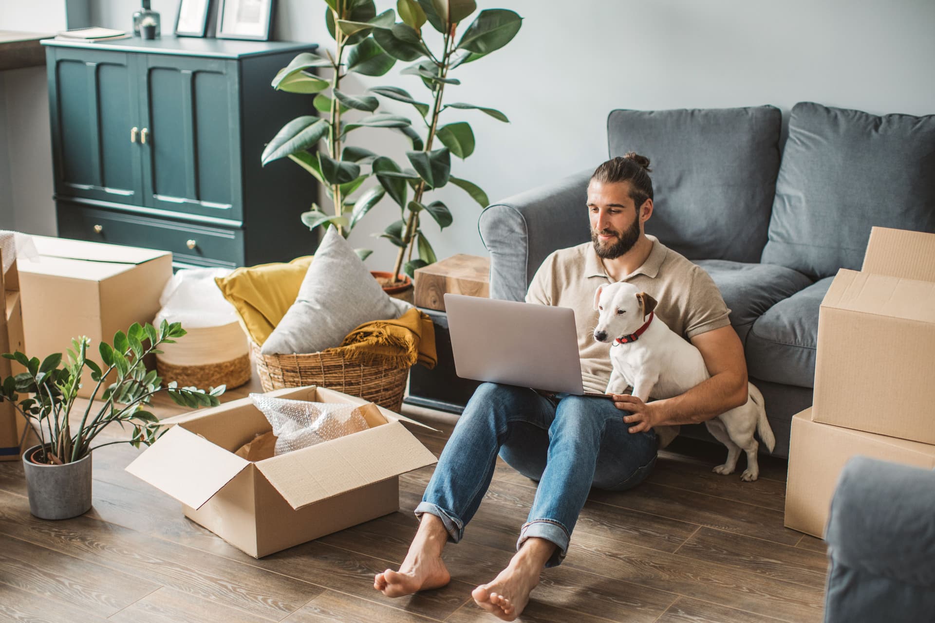Junger Mann sitzt beim Umzug vor einem Sofa und hat einen Laptop und seinen Hund auf dem Schoß.