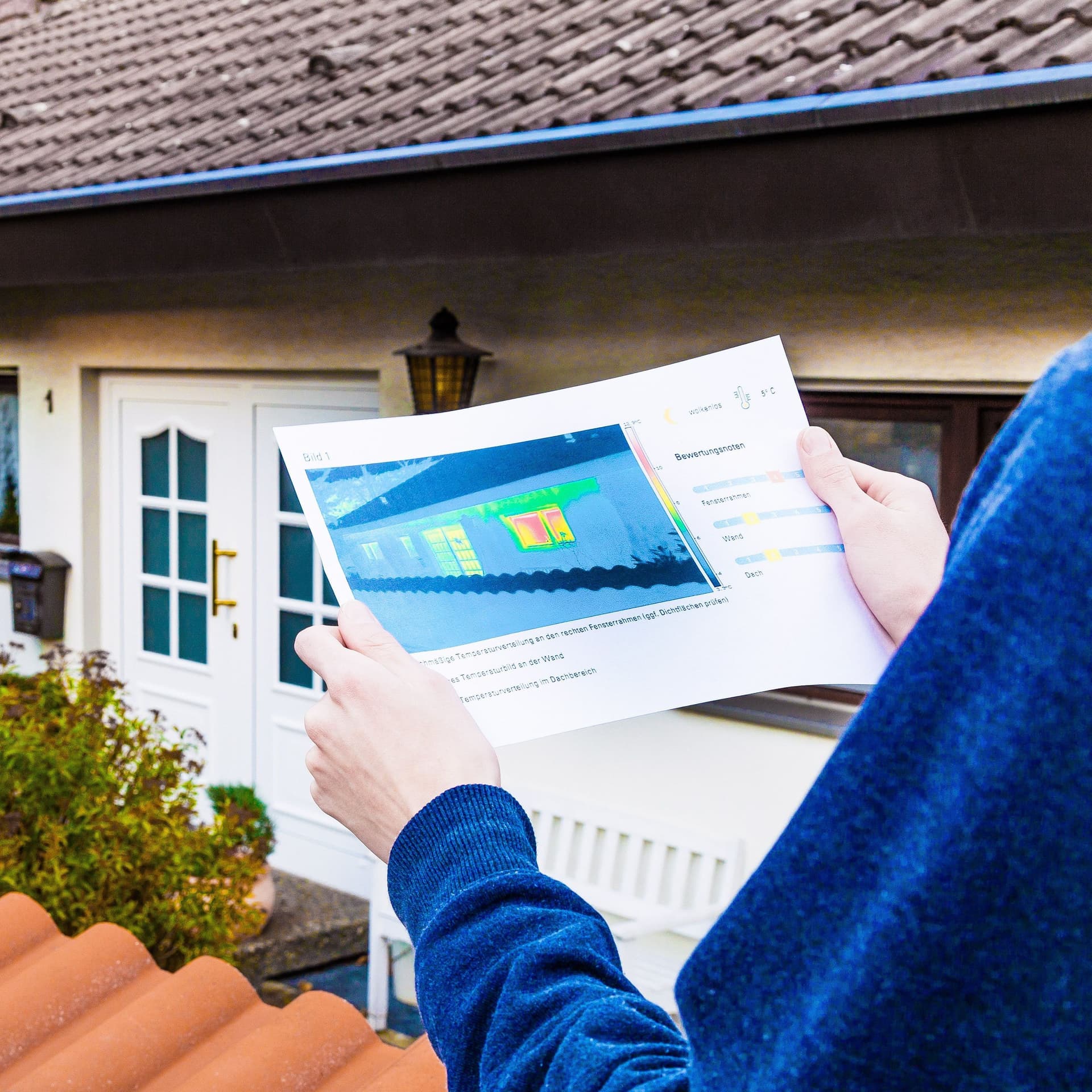 Eine Person hält die Thermografie eines Gebäudes in den Händen. Dahinter ist ein Haus zu sehen.