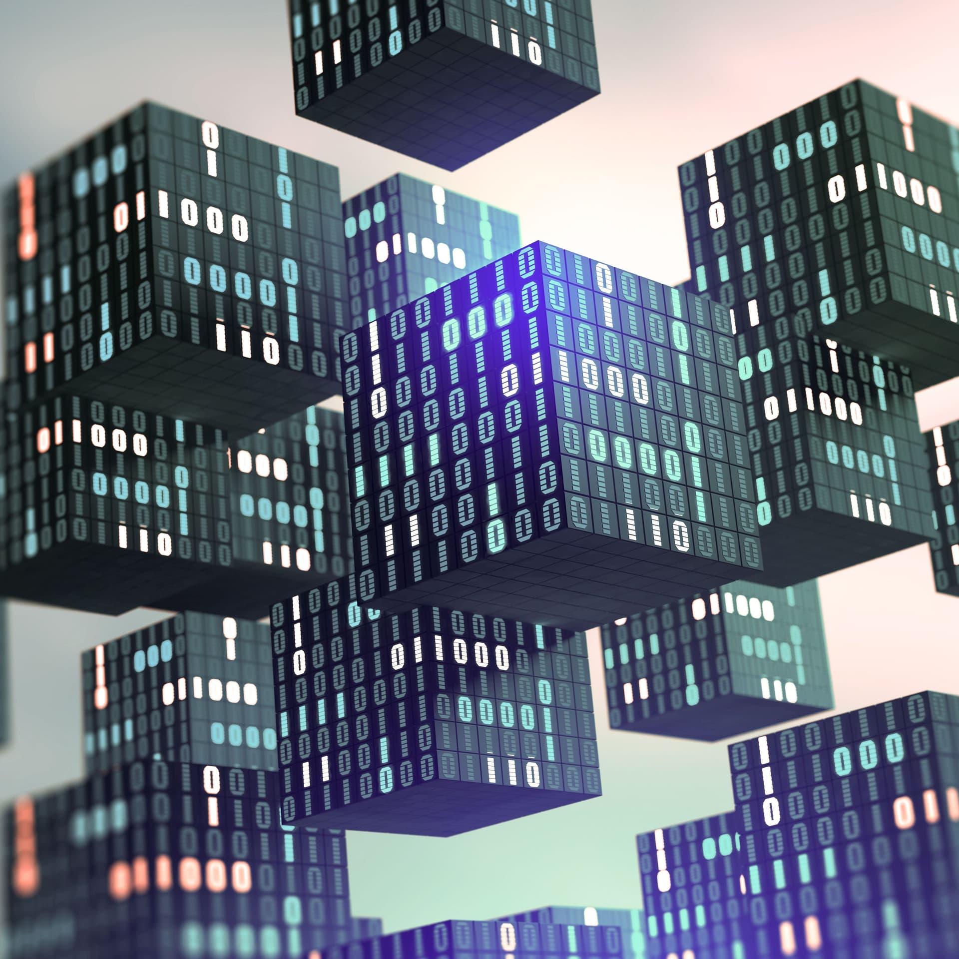 3D-Darstellung von fliegenden Kuben mit binären Code-Elementen.