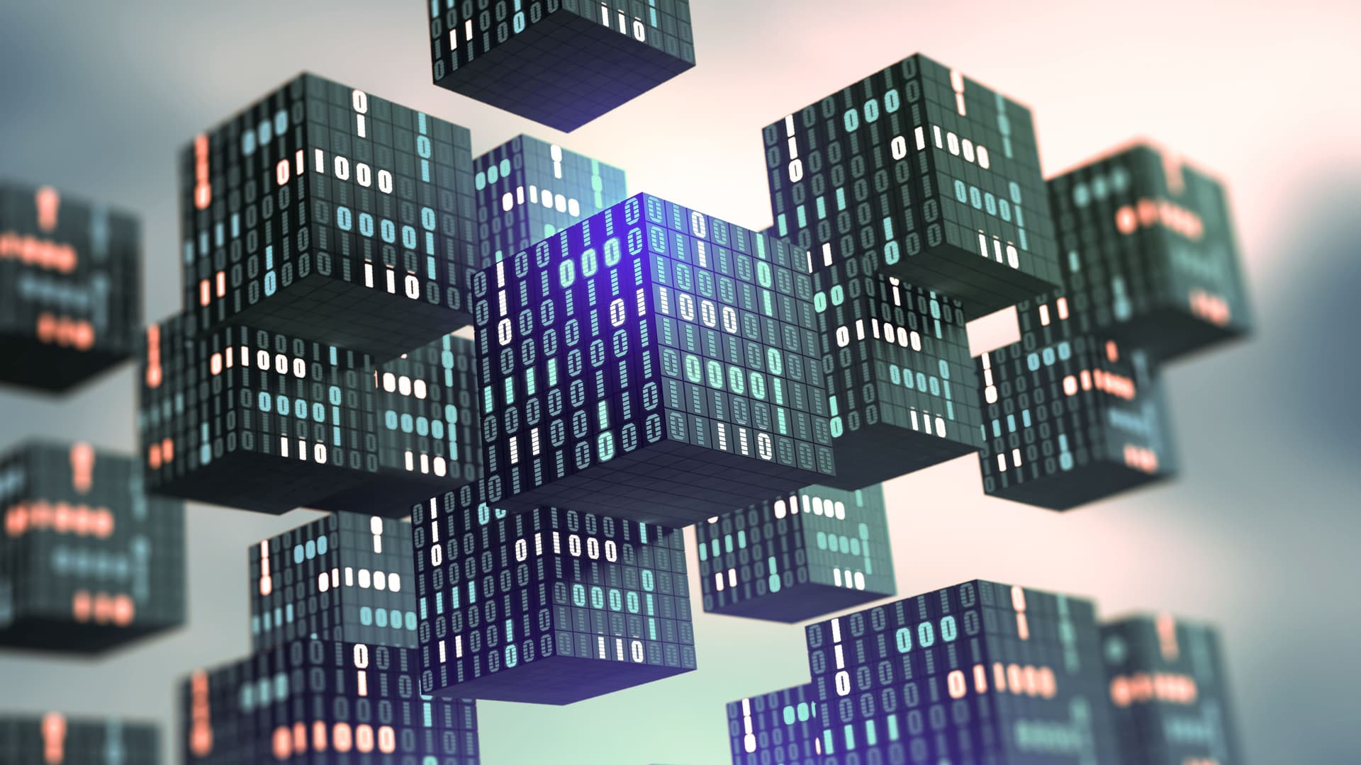 3D-Darstellung von fliegenden Kuben mit binären Code-Elementen.