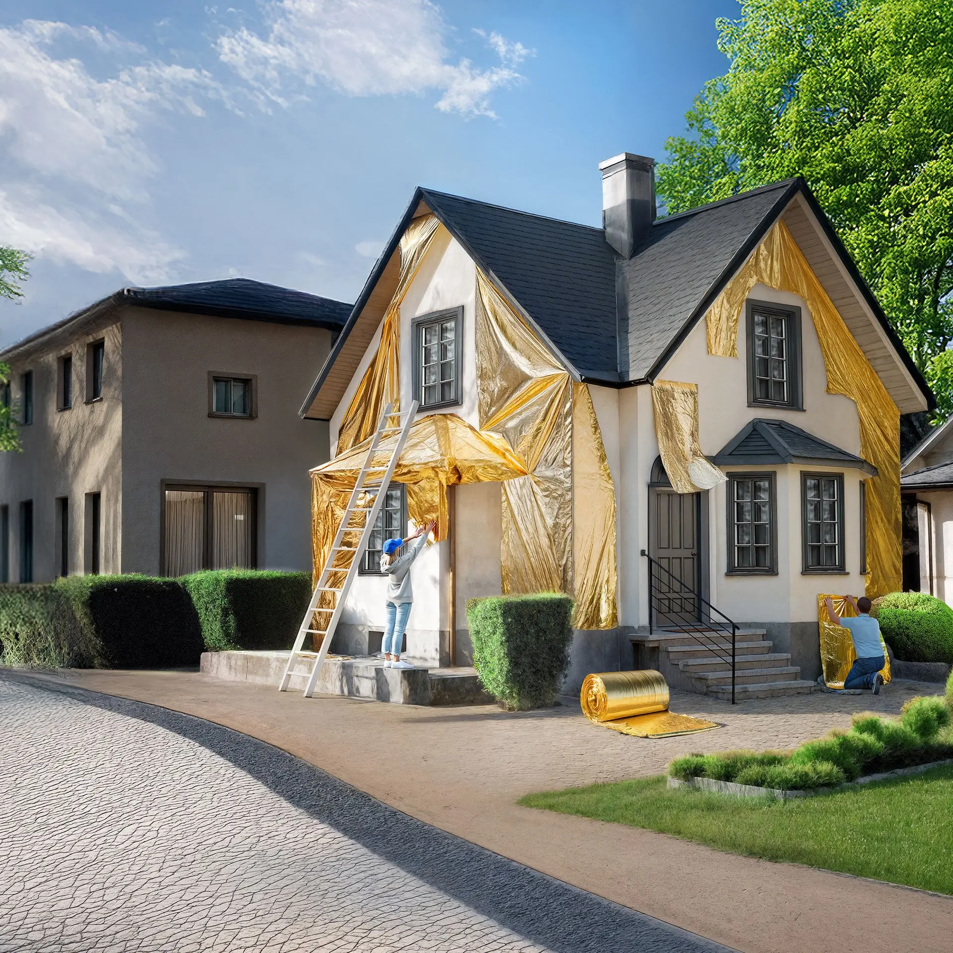 Einfamilienhaus mit schwarzem Dach wird von zwei Personen mit goldener Isolierfolie an der Fassade eingewickelt, Leiter lehnt am Haus, Garten mit Bäumen und Hecken im Hintergrund